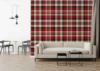 Crimson Plaid wall mural adding a warm, classic touch to home decor.