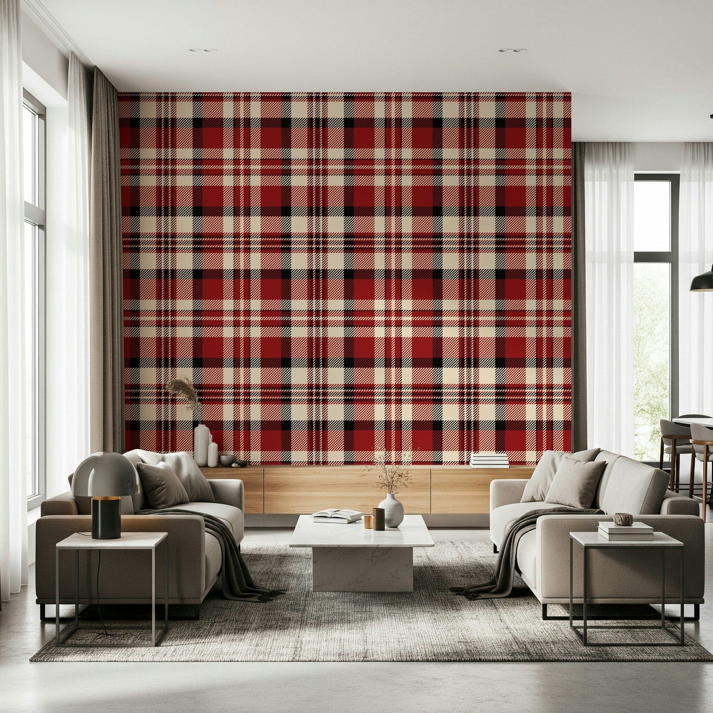 Classic plaid wallpaper in deep red and crimson hues for a sophisticated look.