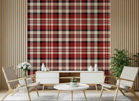 Bold crimson tartan wallpaper for accent walls or full room decoration.