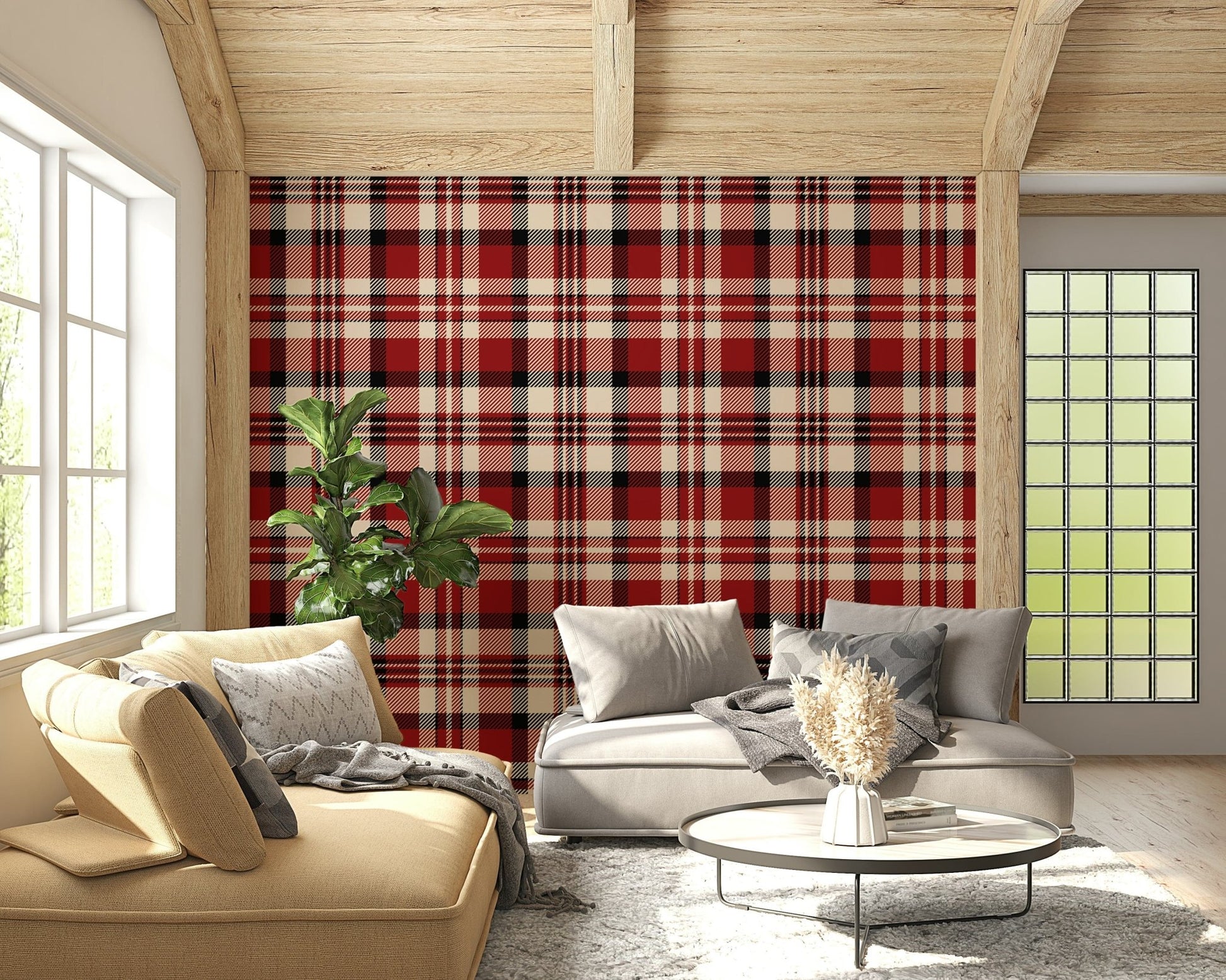 Warm crimson check wallpaper combining traditional tartan charm with modern style.