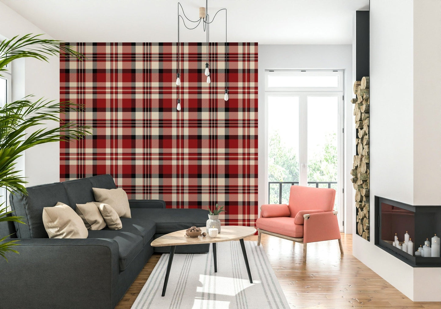 Elegant crimson plaid wallpaper perfect for bedrooms, living rooms, or offices.