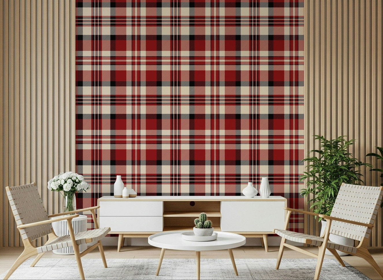 Bold crimson tartan wallpaper for accent walls or full room decoration.