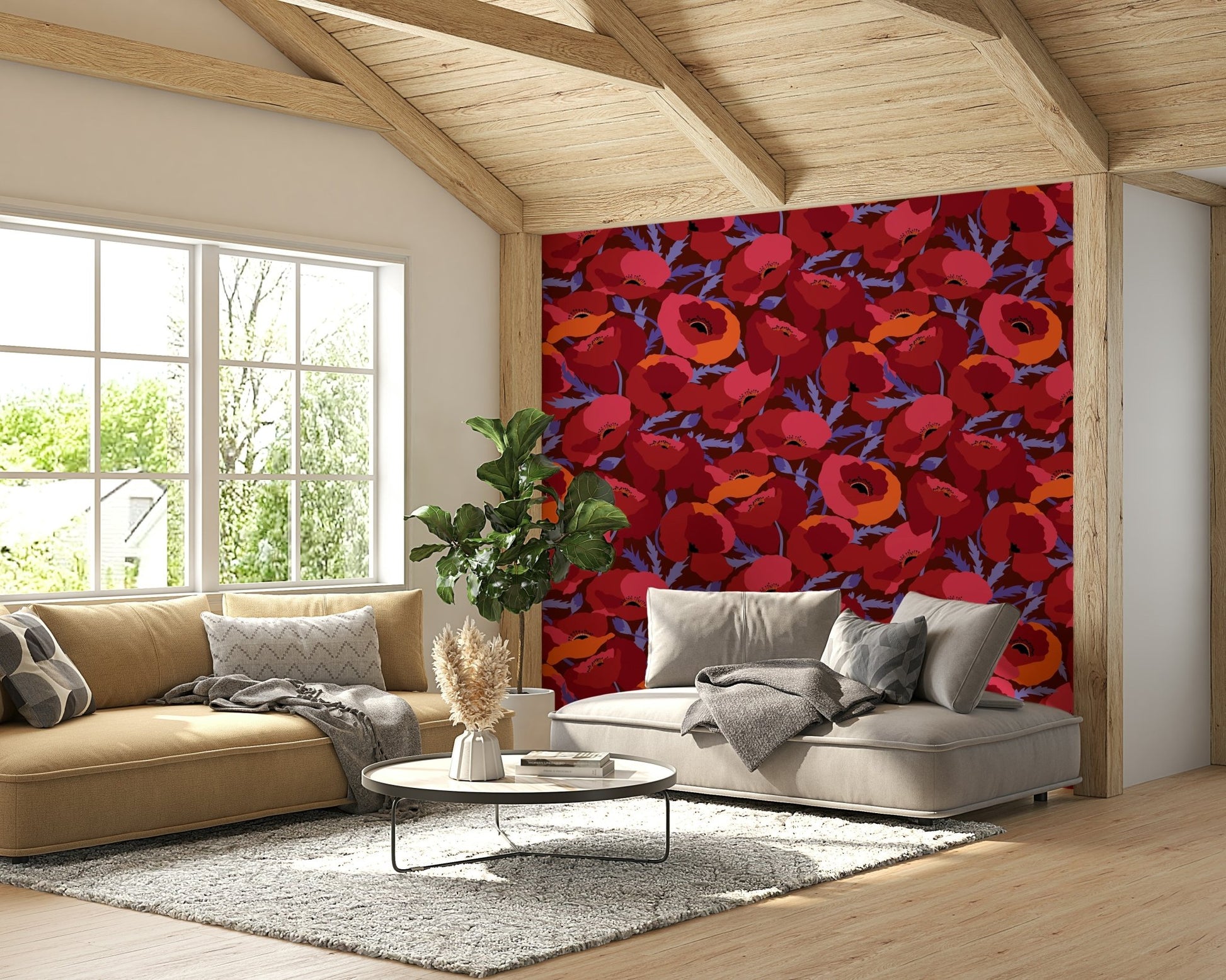 Romantic wall mural with blooming poppy details

