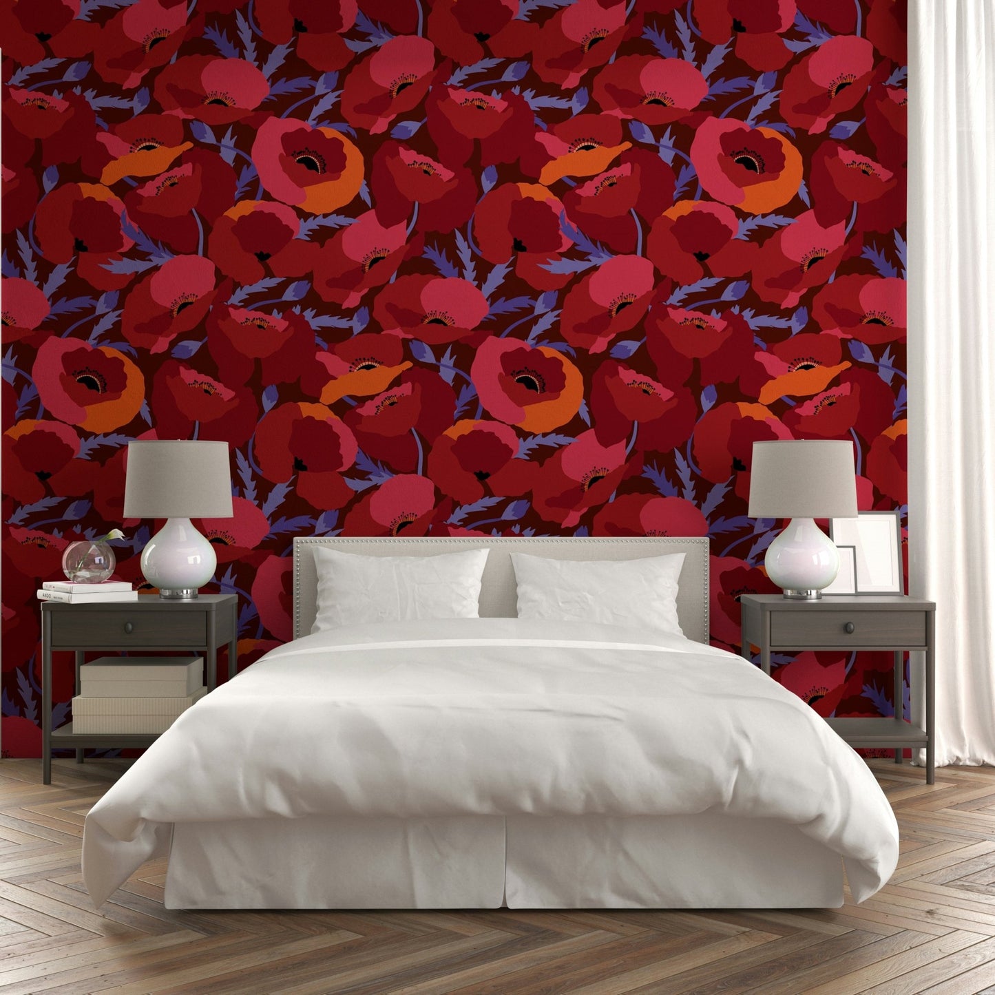 Elegant red flower mural with painterly texture


