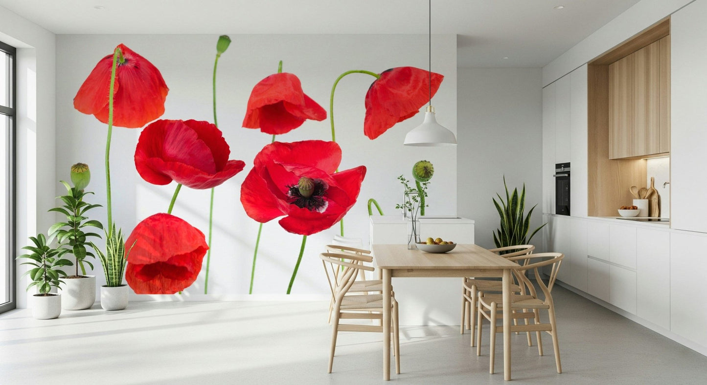 Cheerful home renovation idea using Crimson Poppy Field wallpaper with vivid red colors.