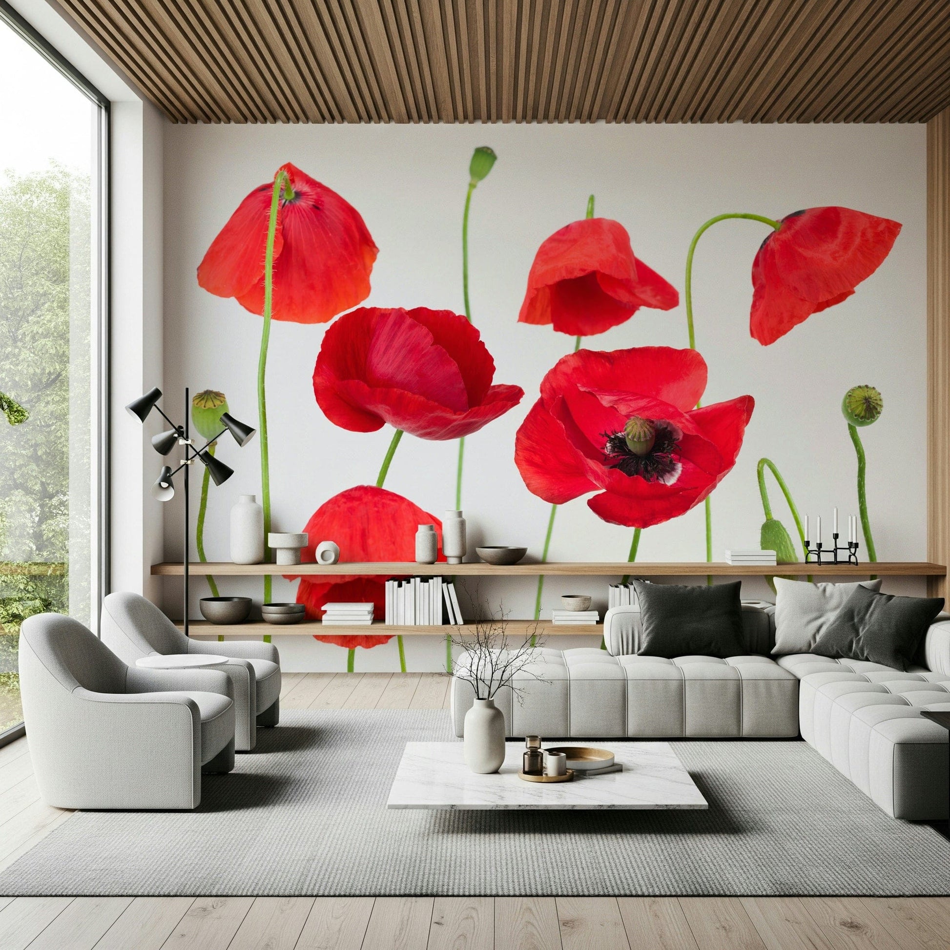 Modern floral art Crimson Poppy Field wallpaper showing distinct red and green contrast.