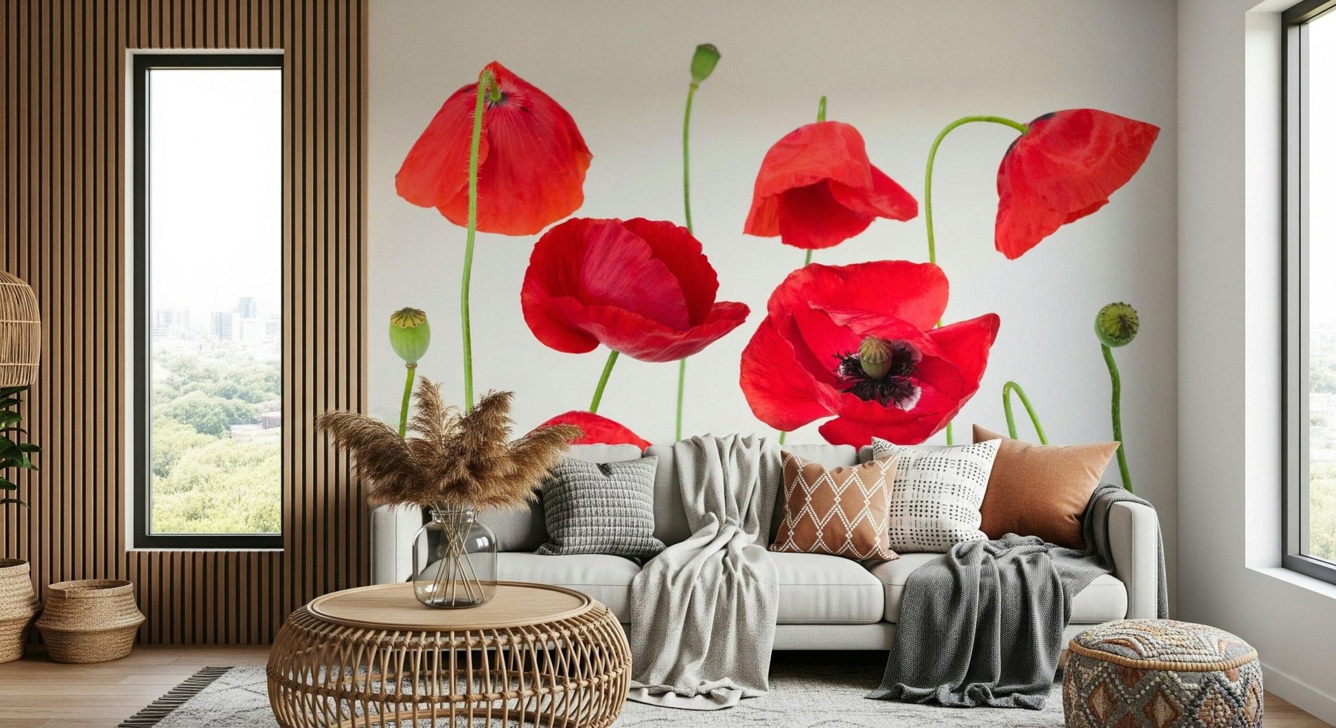 Unique interior styling with Crimson Poppy Field wall mural featuring wild poppy flowers.