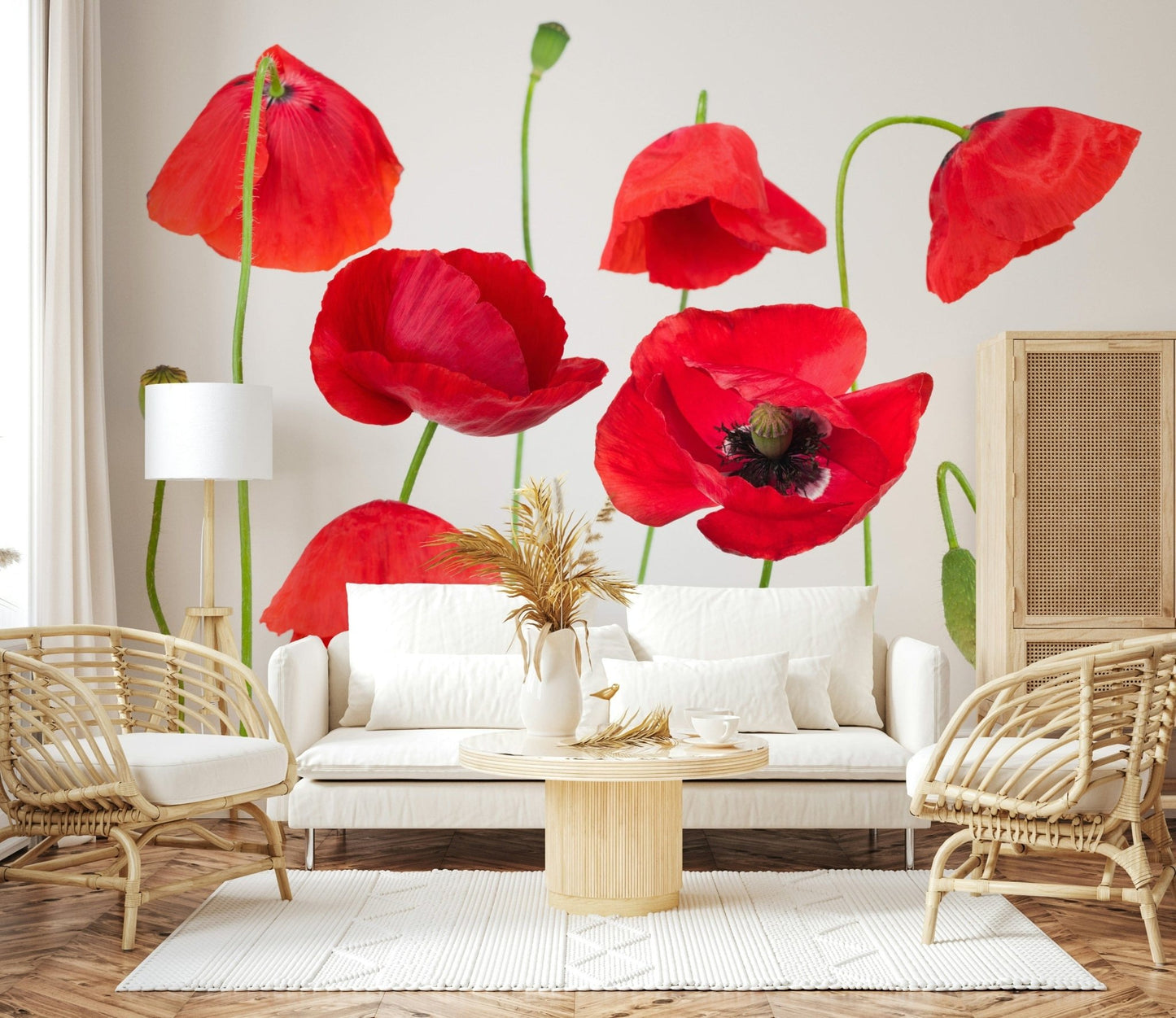 Romantic bedroom accent Crimson Poppy Field wallpaper mural with soft flowering plants.