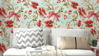 Crimson Preppy Ribbons & Poppies Wallpaper with bold red florals.

