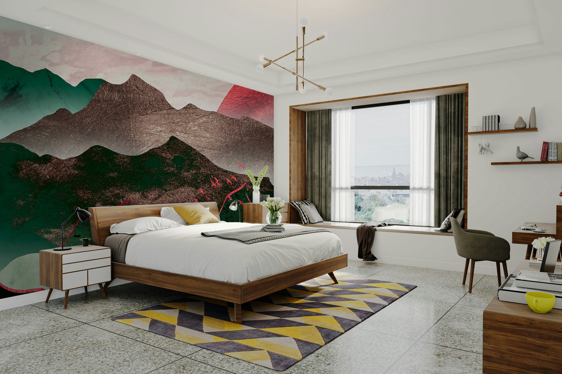 Crimson Sunset Over Misty Mountains backdrop for a professional studio or office space.