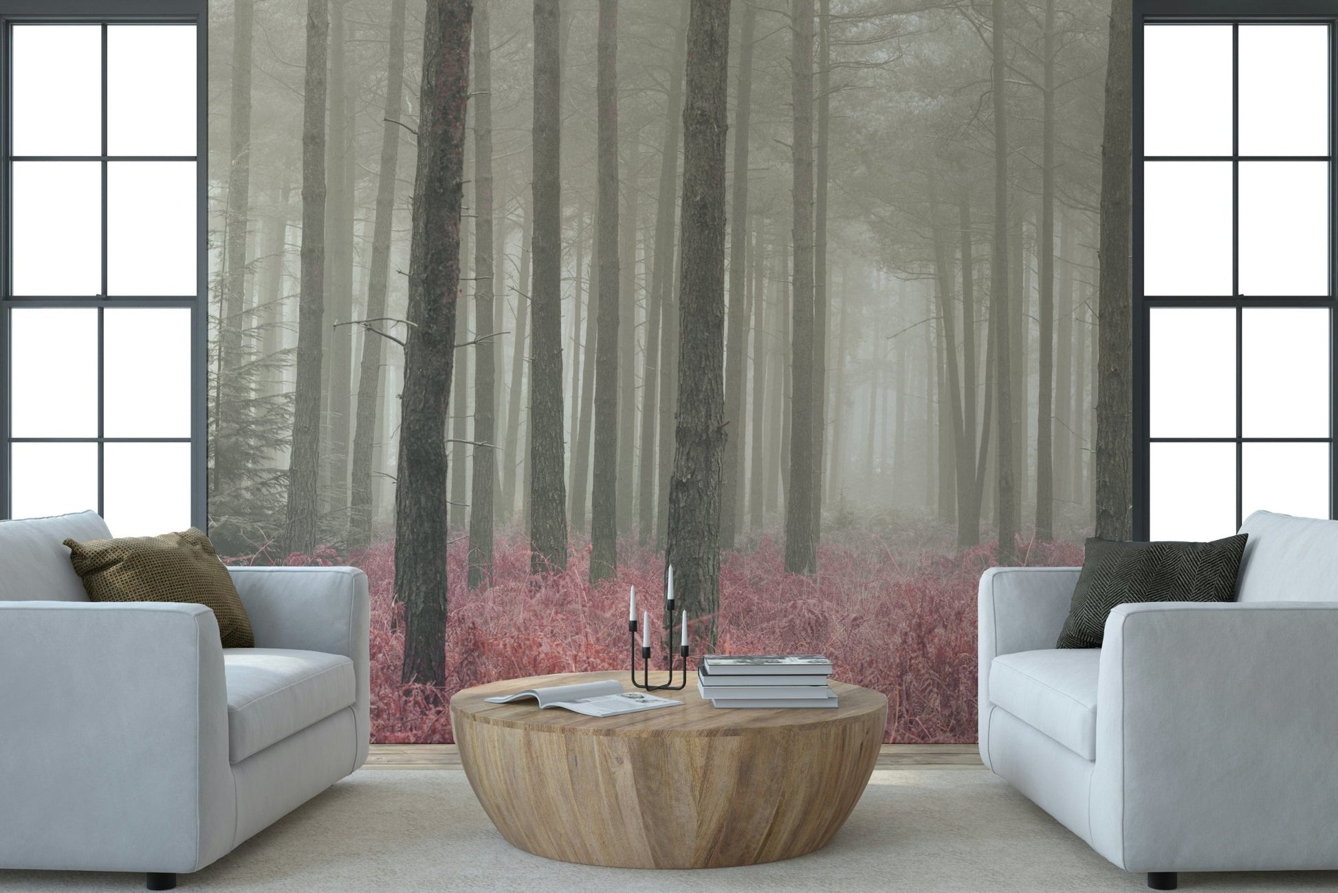 Enchanted Crimson Whisper Woods pine grove covering surface.