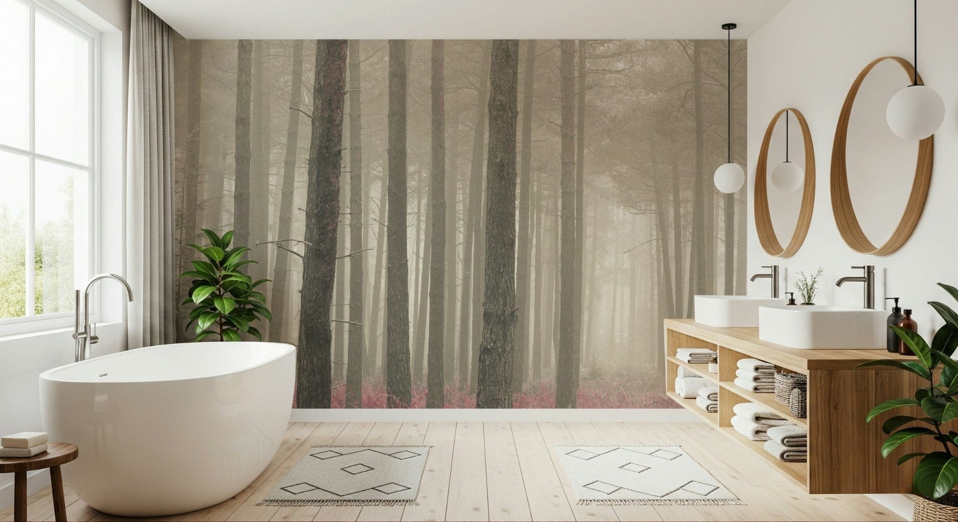Magical Crimson Whisper Woods forest wall paper feature.