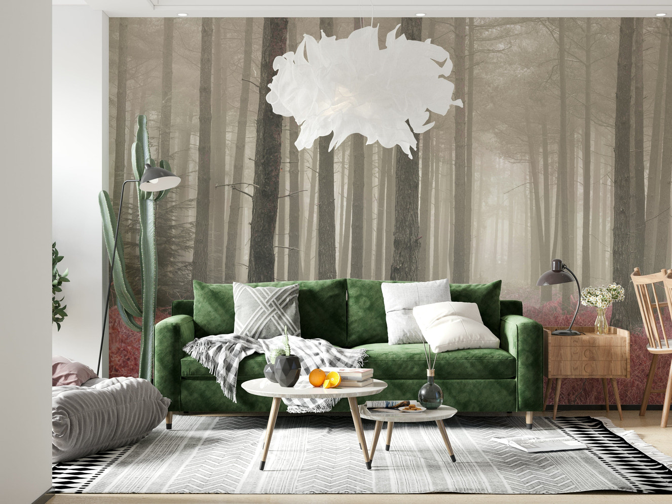 Dreamy Crimson Whisper Woods forest mural for walls.