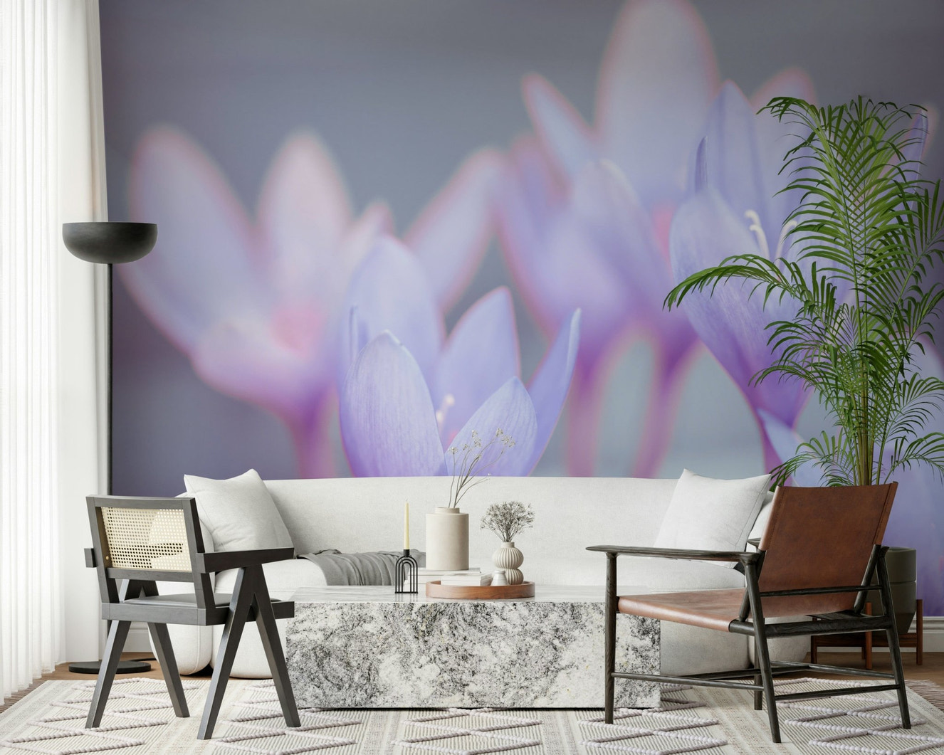 Crocus wall mural, soft focus purple blooms, dreamy floral artwork.