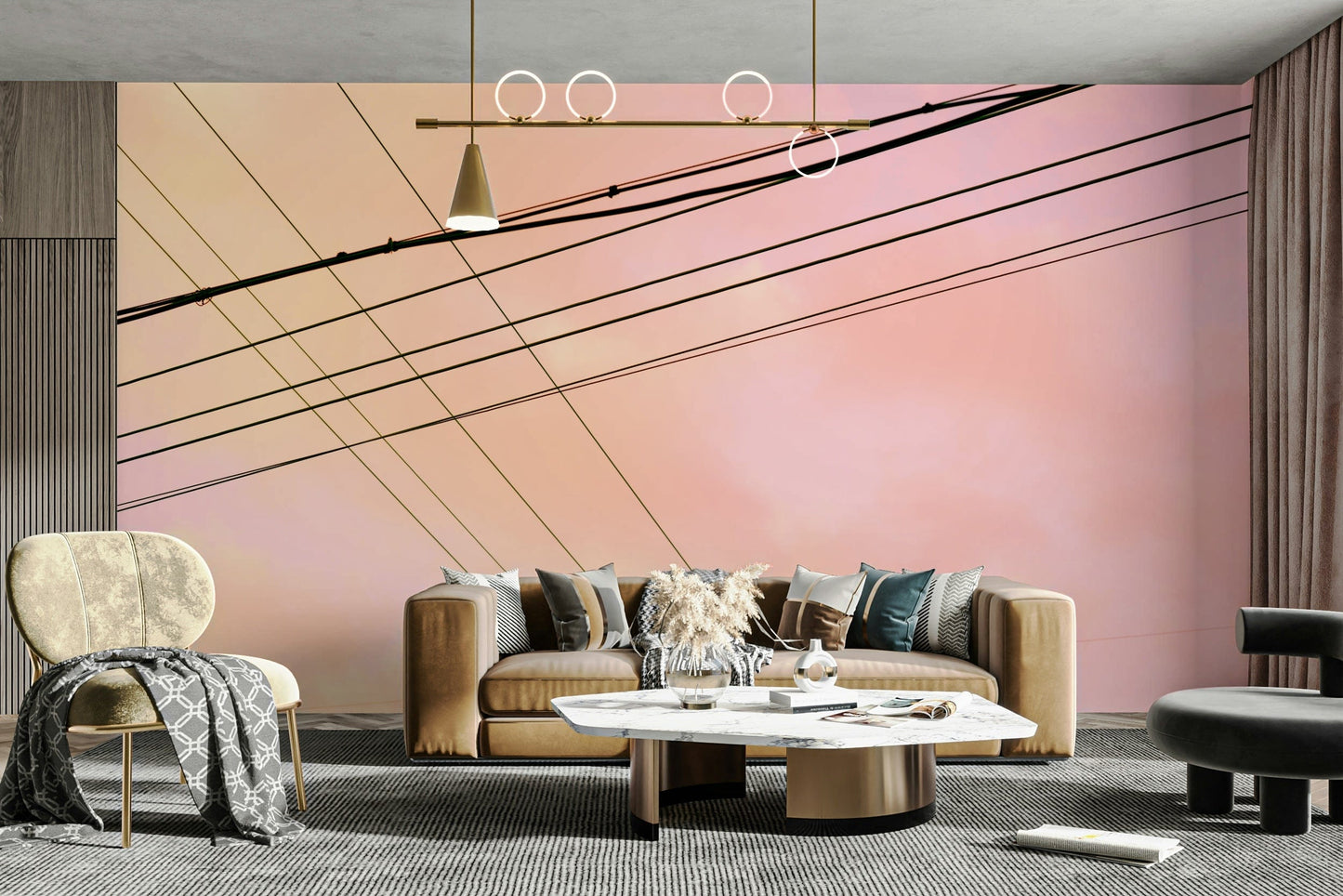 An artistic contemplative mural on minimalist wallpaper.

