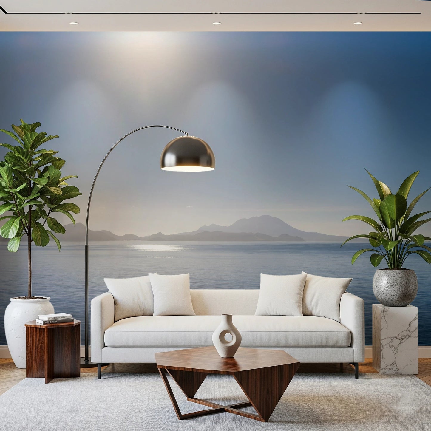 Minimalist blue and white pattern of the Crystal Blue Morning mural