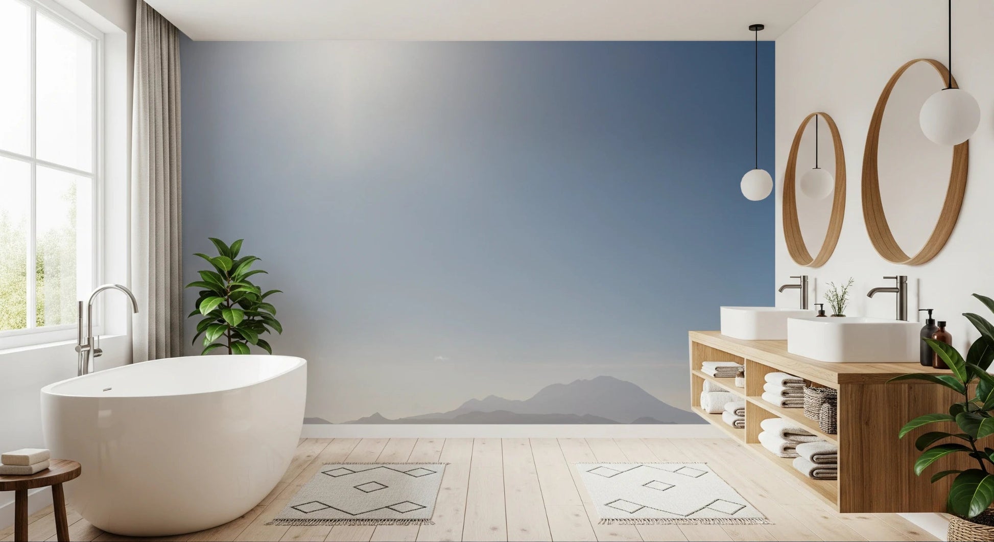Calm sky blue tones featured in our Crystal Blue Morning for bathroom wall mural art