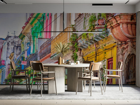 A wall mural of a vibrant Cuban street scene.


