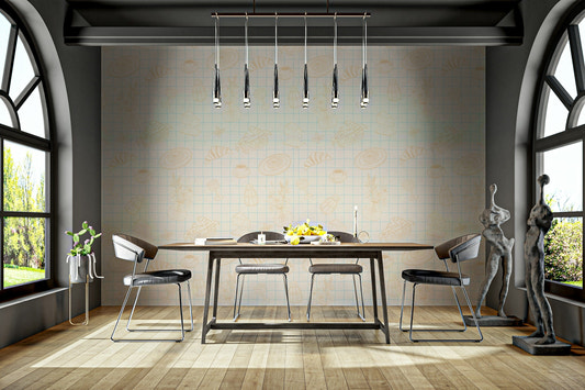 A peaceful wall mural with a whimsical, hand-drawn design.

