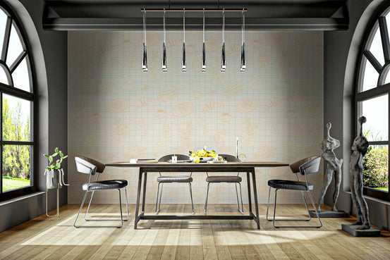 A peaceful wall mural with a whimsical, hand-drawn design.

