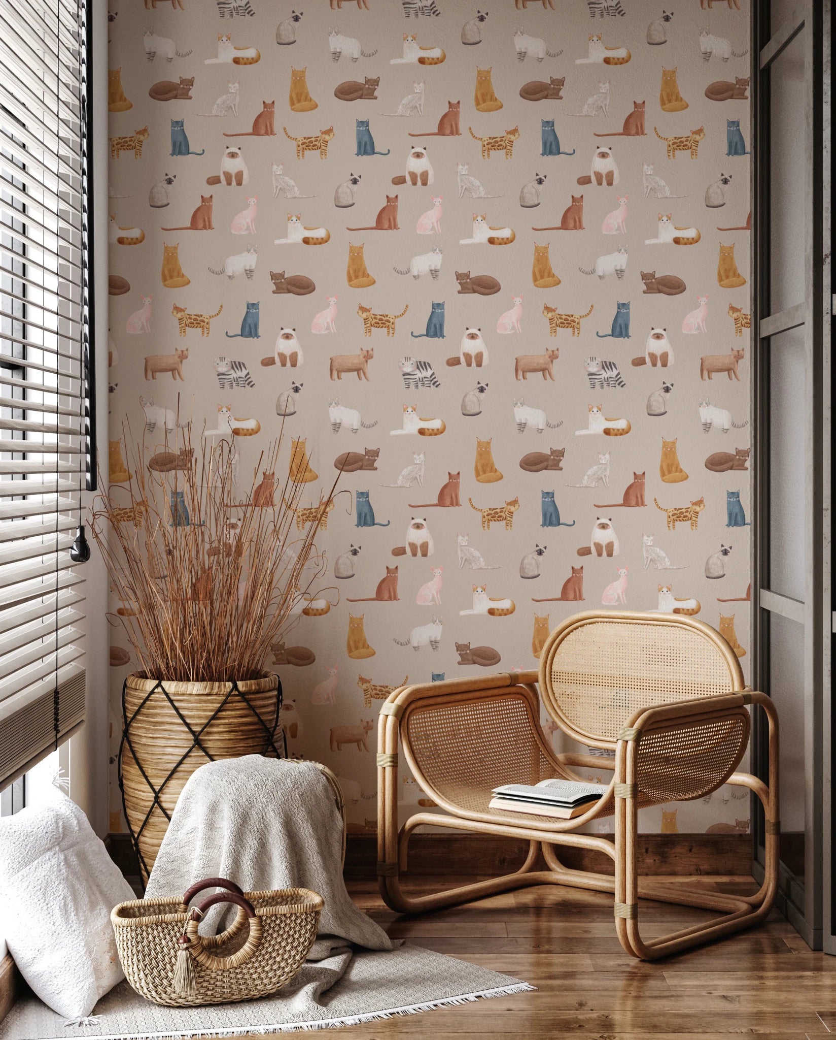 Curious Cats in beige Wallpaper⁠