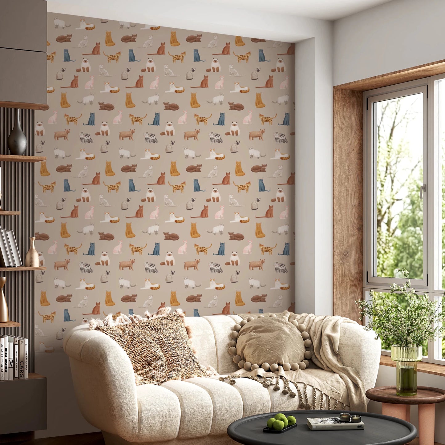 Curious Cats in beige Wallpaper⁠