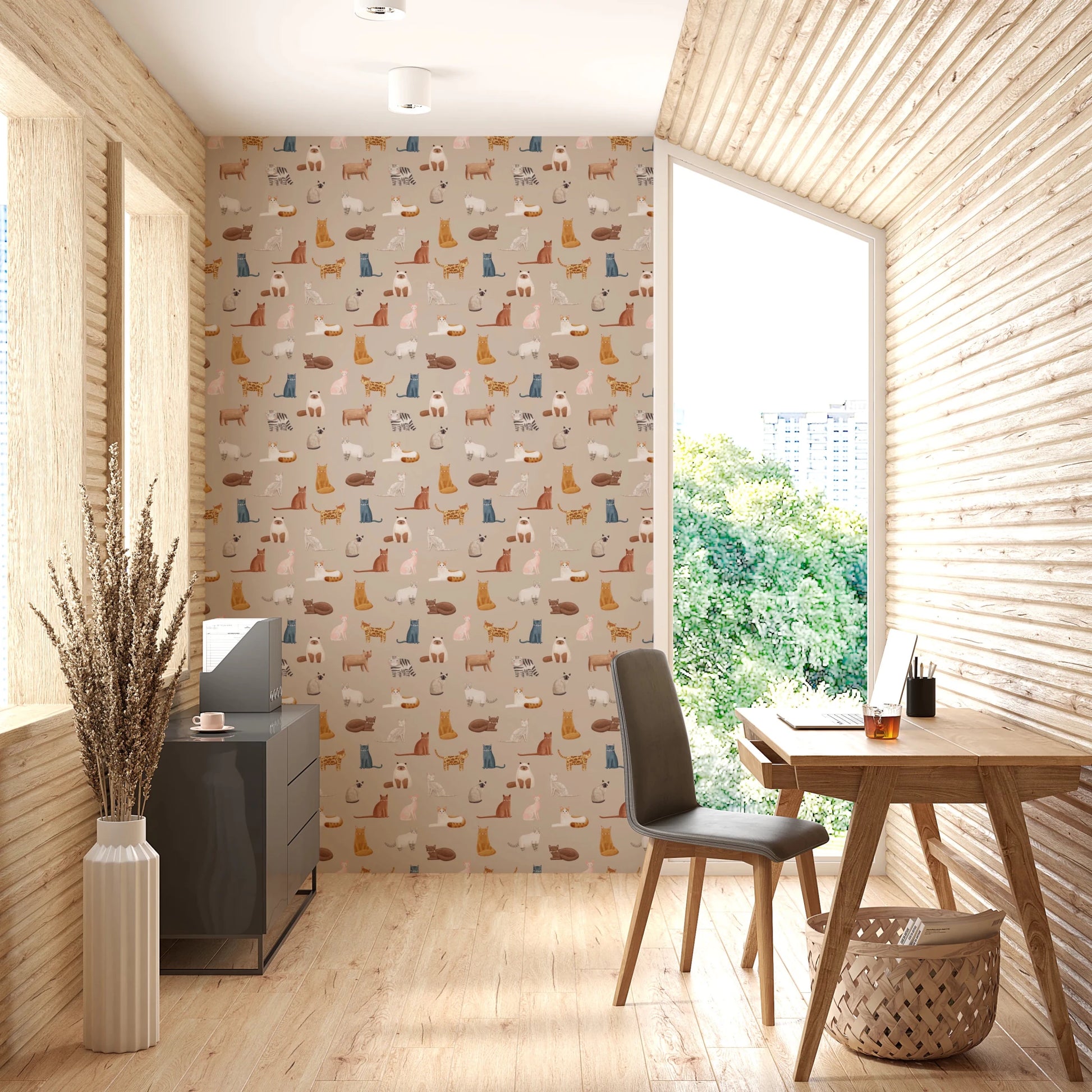 Curious Cats in beige Wallpaper⁠