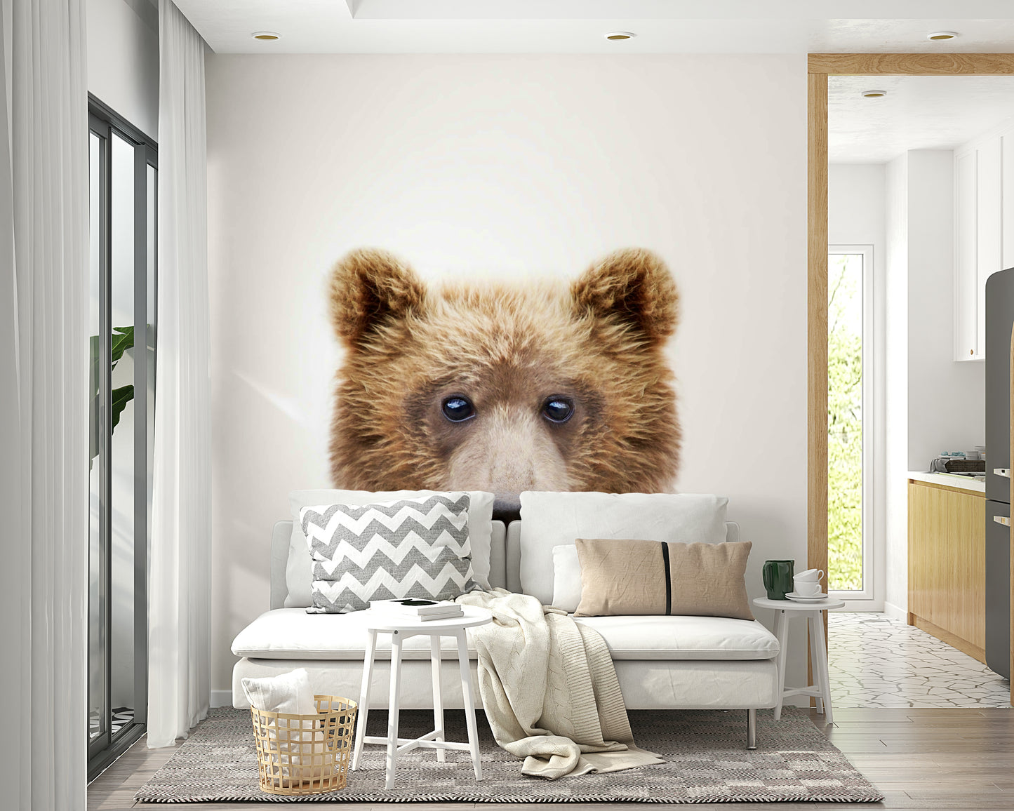 Snuggly baby bear mural in neutral nursery style

