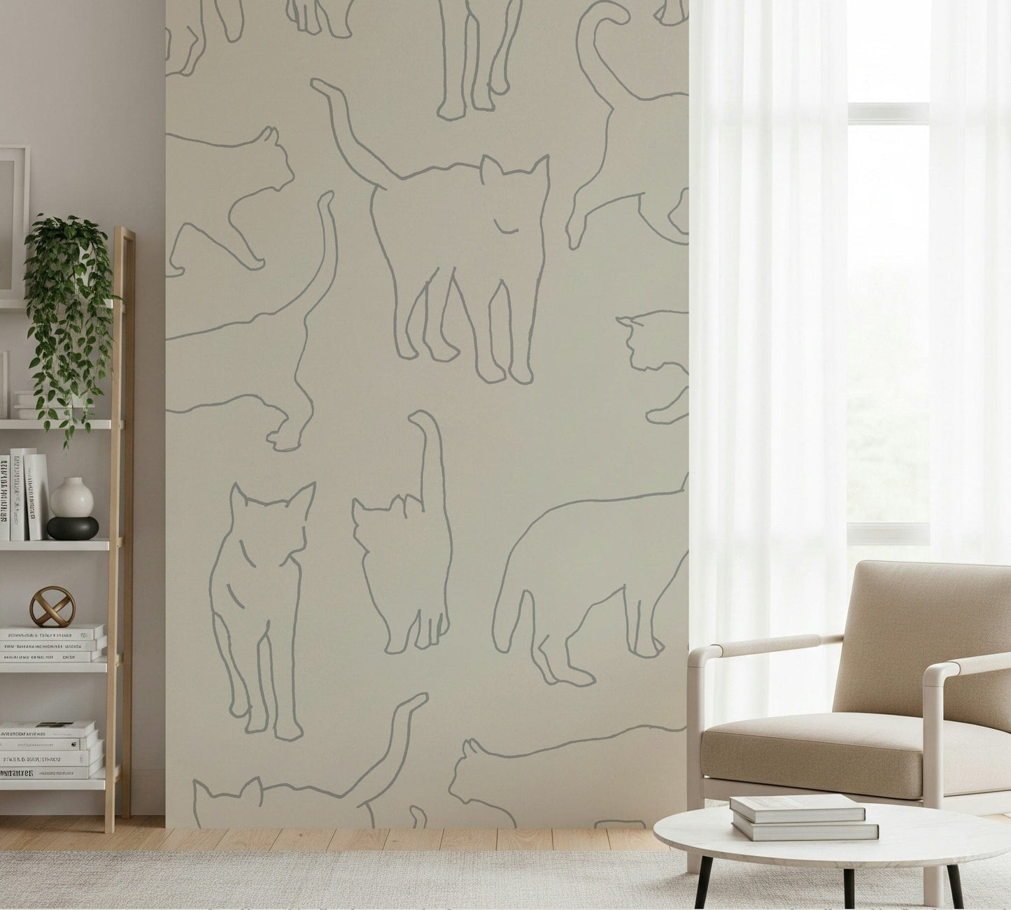 Sketch-Style Cat Wall Mural – Artistic wallpaper with minimalist, detailed line drawings of cats in various poses.