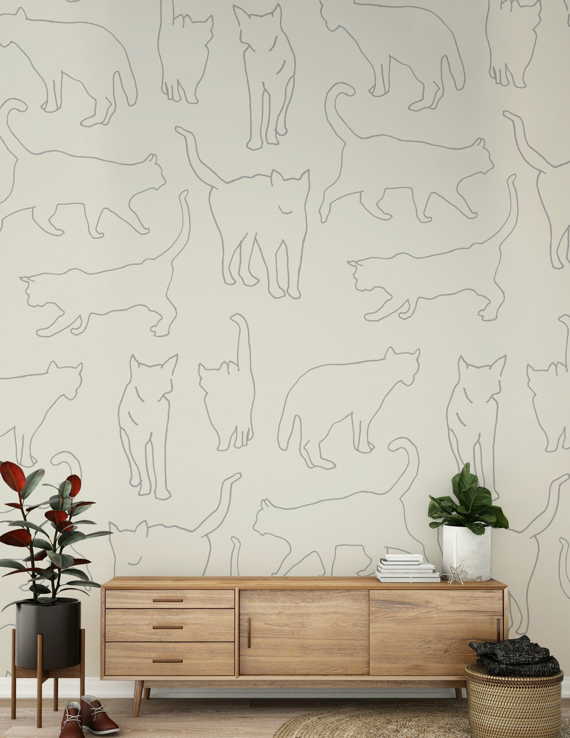Cat Sketch Symphony Wall Mural – Elegant mural featuring hand-drawn sketches of playful and graceful cats.