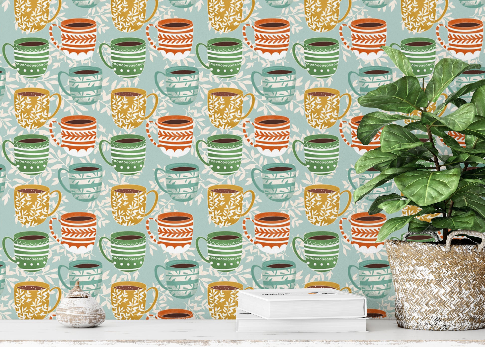 Chic coffee mug-themed wallpaper mural
