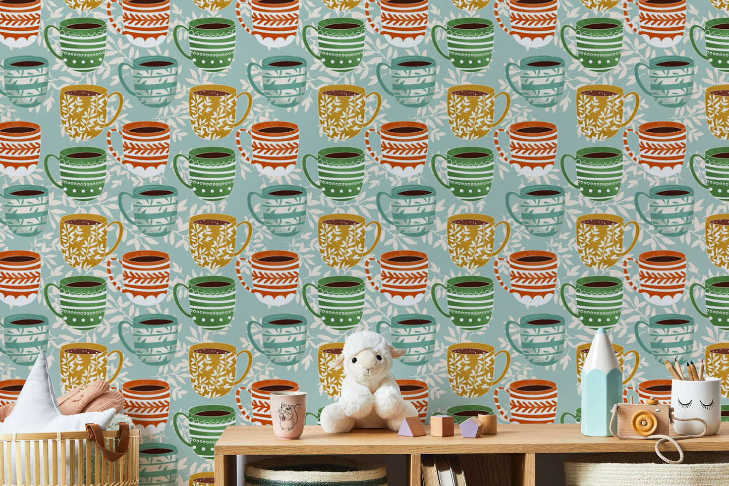 Playful coffee mug wall decor wallpaper
