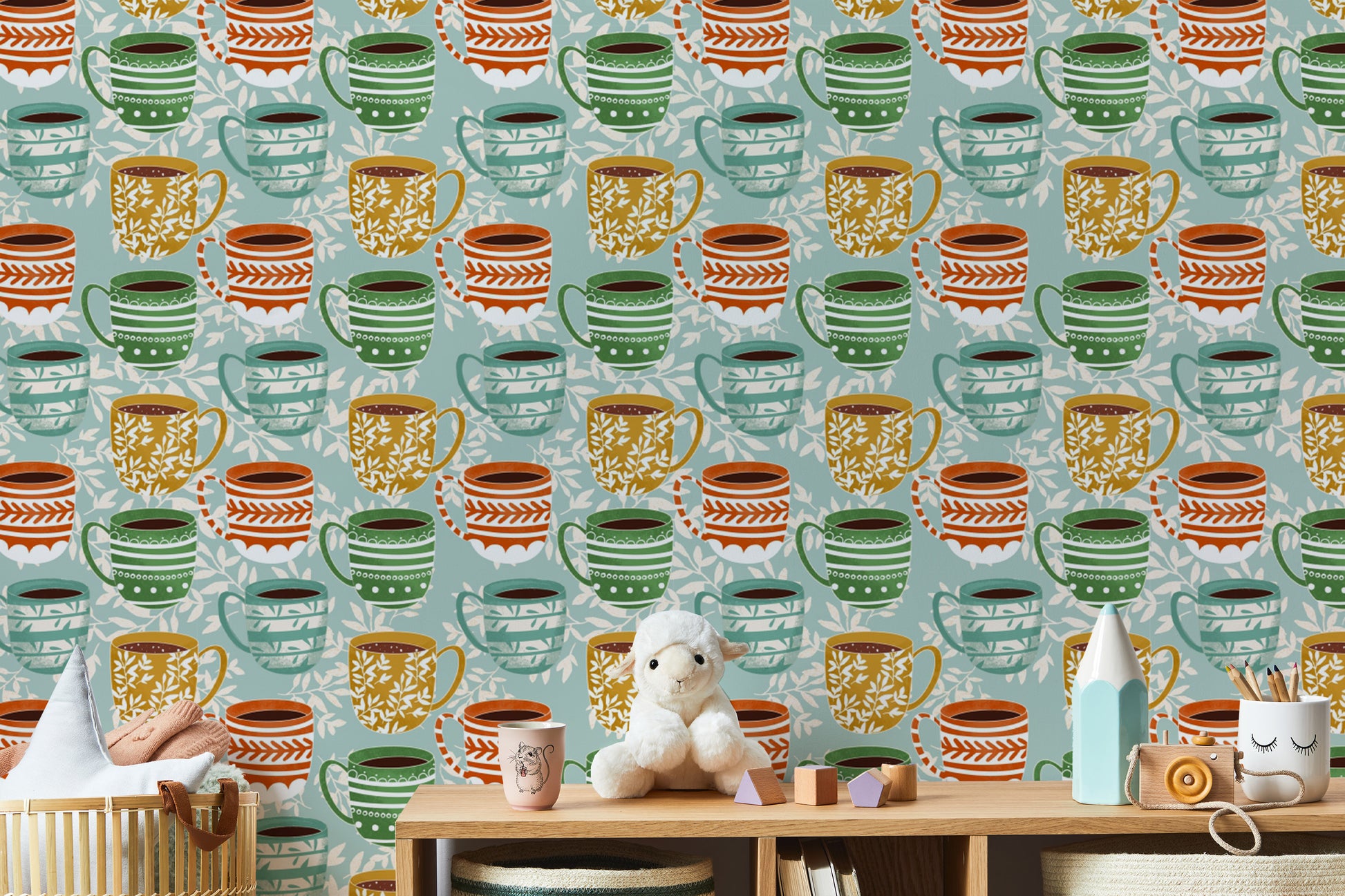Playful coffee mug wall decor wallpaper
