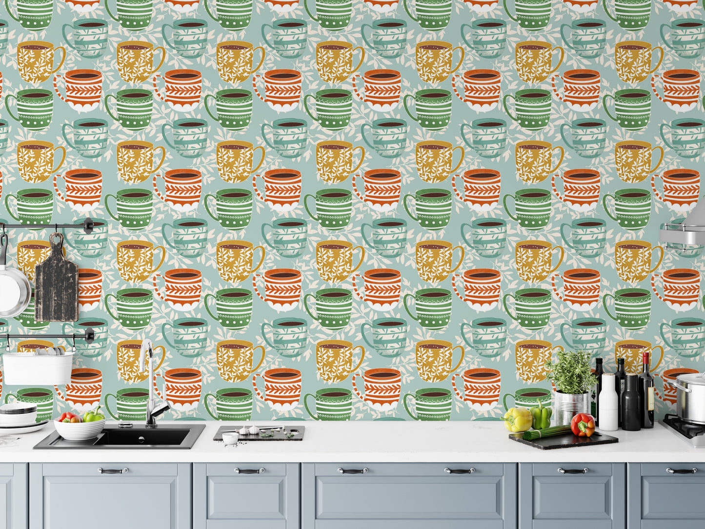 Cute coffee mug-themed blue wallpaper design
