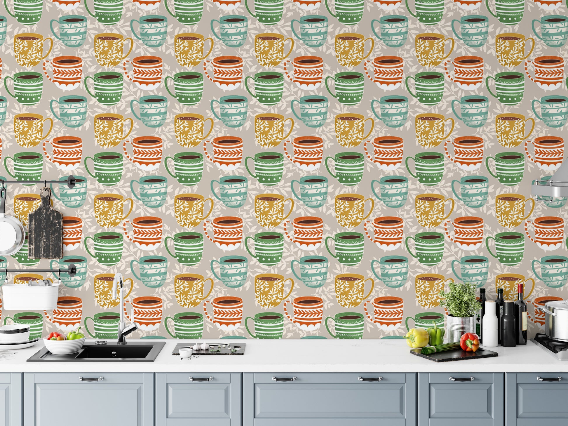 Coffee mug-inspired wallpaper for kitchens
