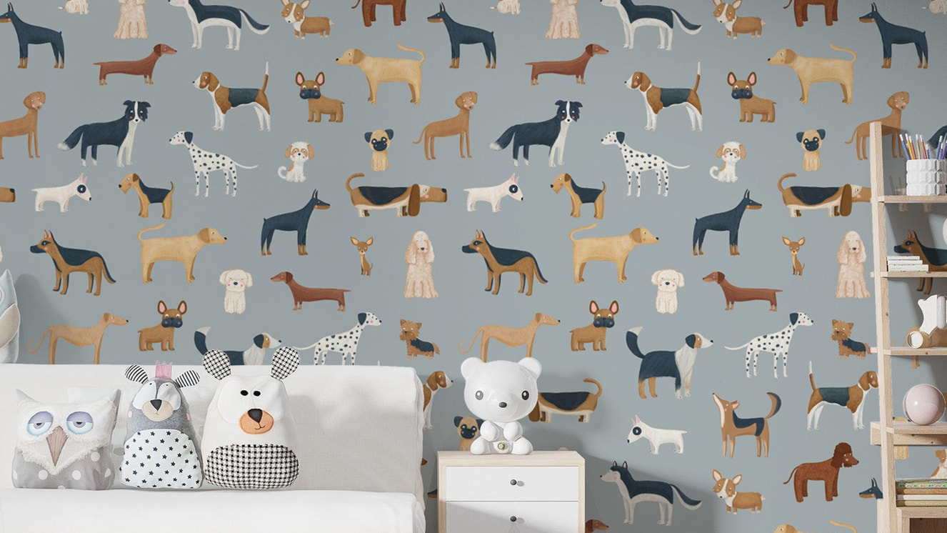 Playful dog-themed wallpaper for kids' rooms
