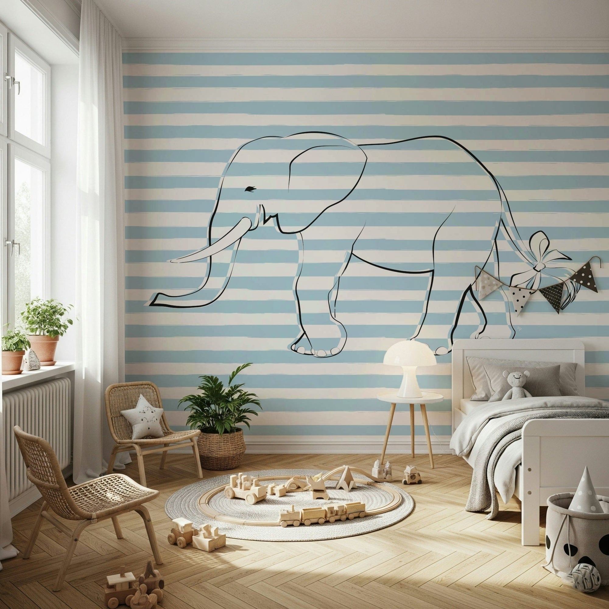 Elephant with a Bow wallpaper mural in blue stripes, a line-art elephant in a kids room with rattan chairs and toy trains