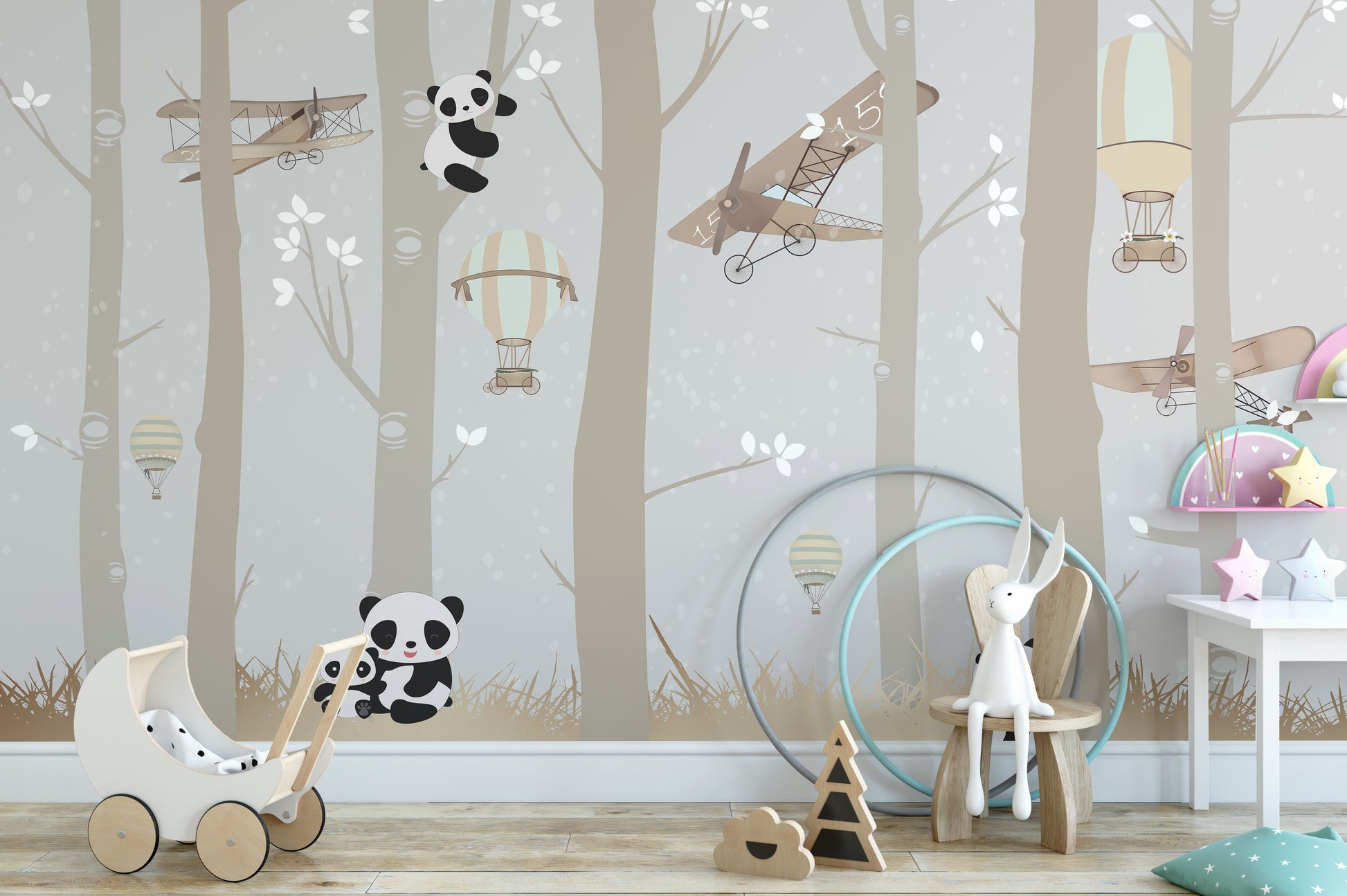 Pandas frolicking in the forest mural
