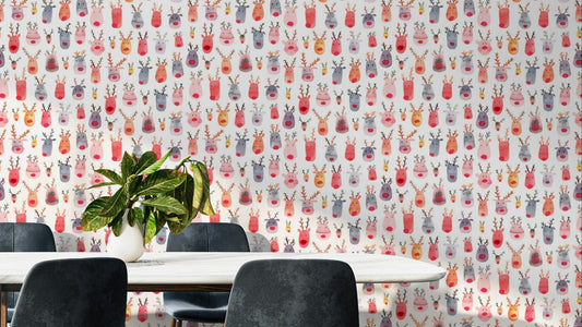 Cute reindeers kids wallpaper with snowflakes

