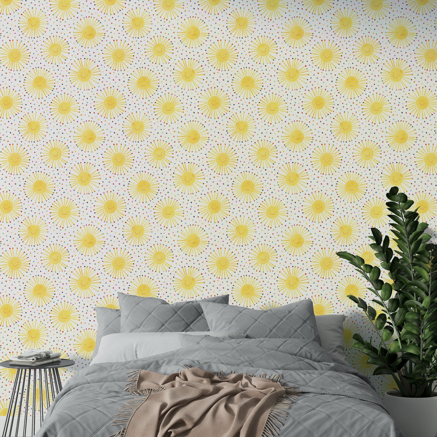 Cheerful sun faces on nursery wall in Scandinavian design

