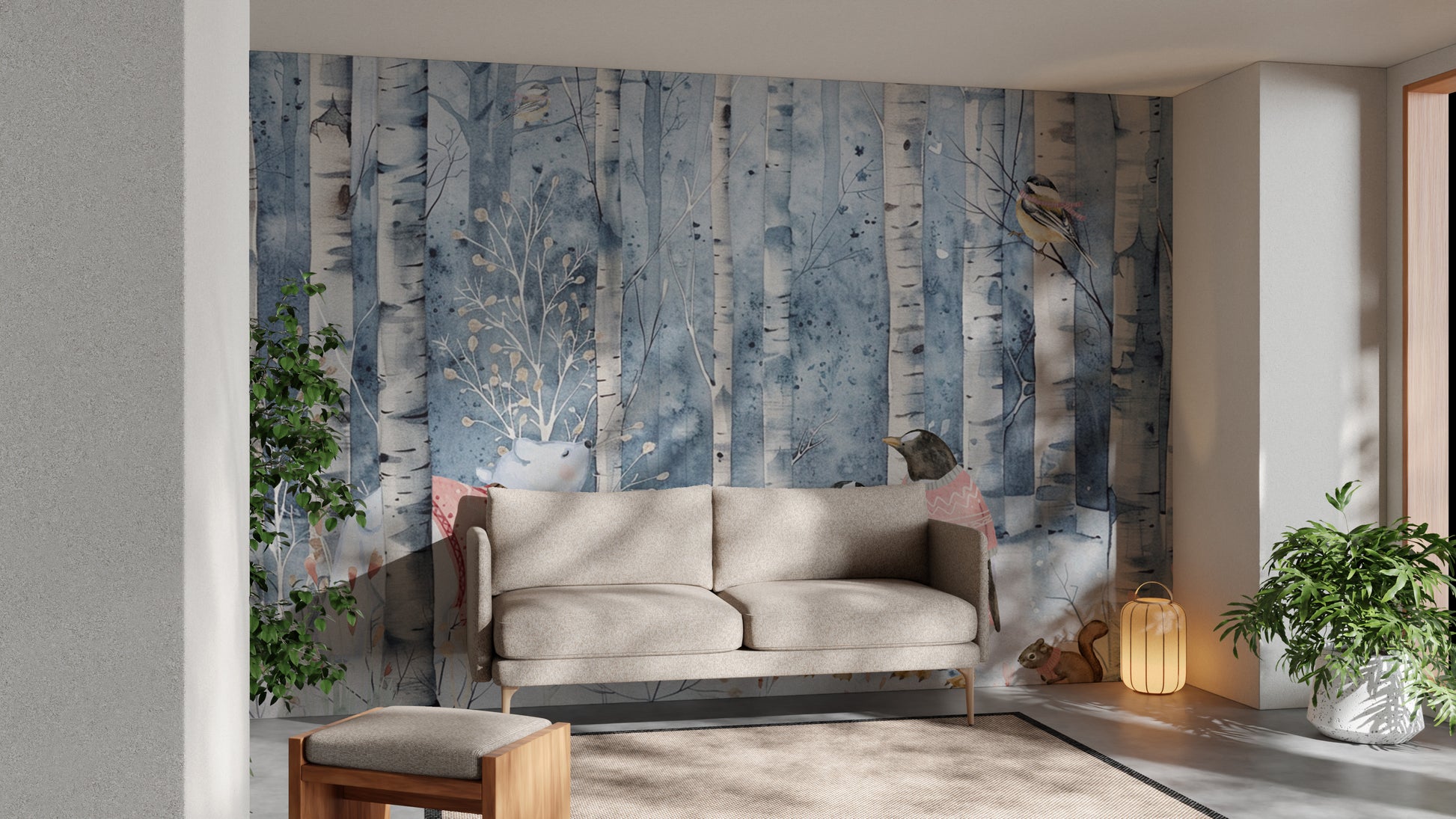 Snowy birch tree wallpaper with penguins and polar bear
