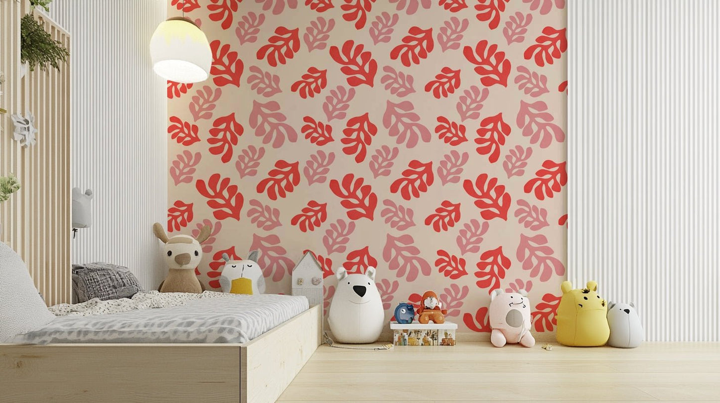 Contemporary bathroom with botanical accents and white ceramic fixtures.