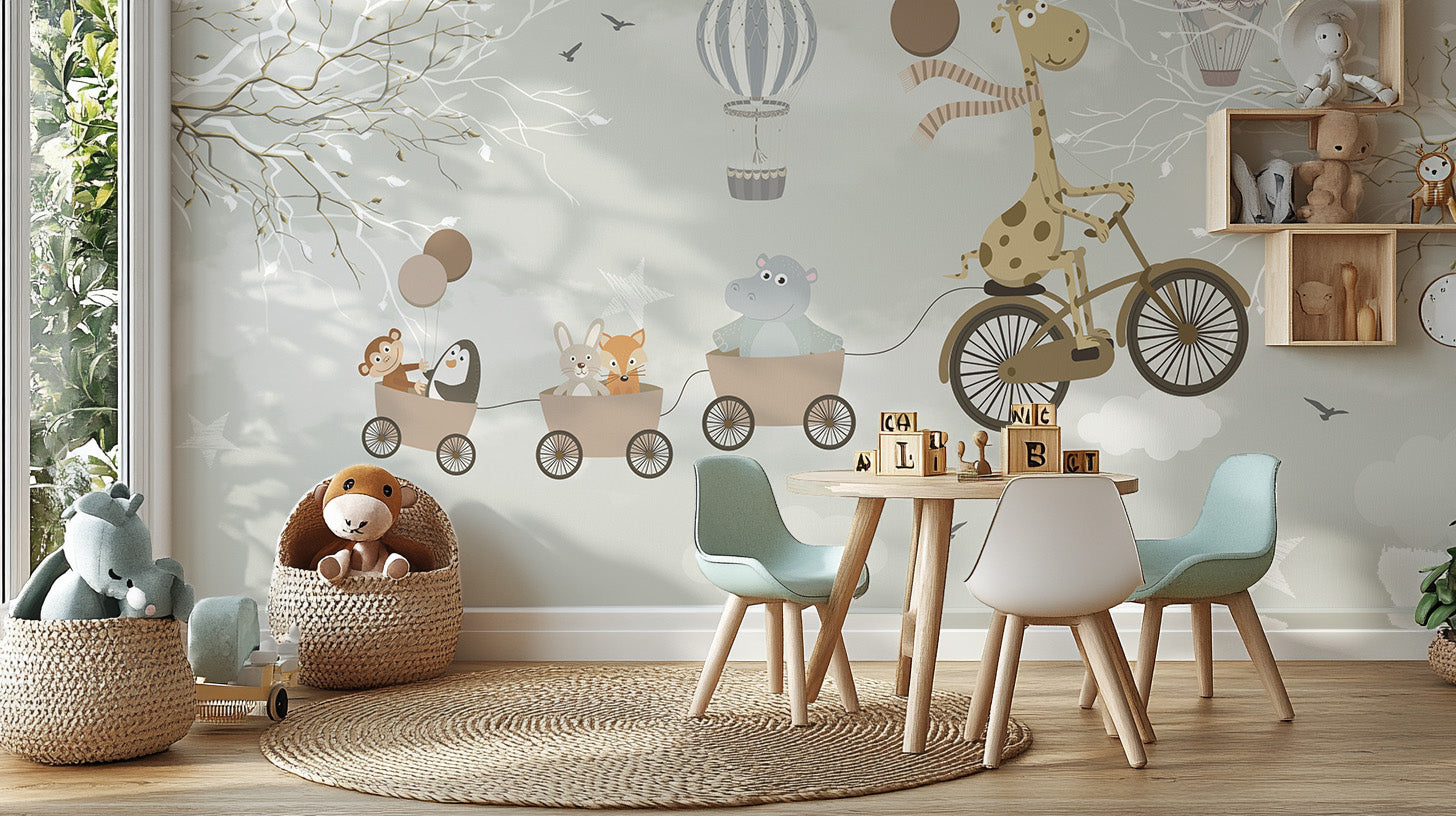 Cycling in the Sky wallpaper mural with a giraffe on a bicycle pulling animal carts above a kids playroom table