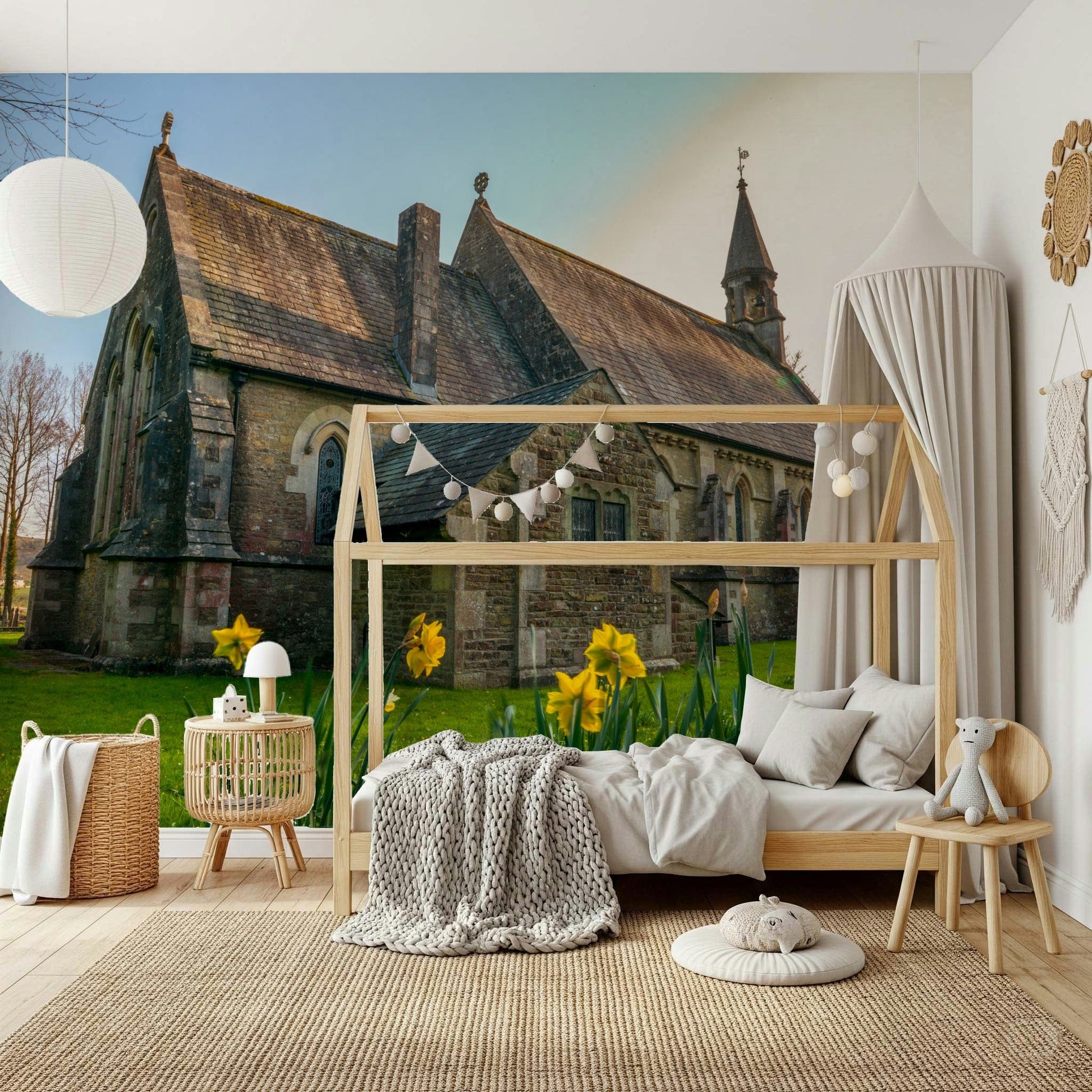 Rustic stone facade paired with Golden Daffodils wall mural for classic decor.