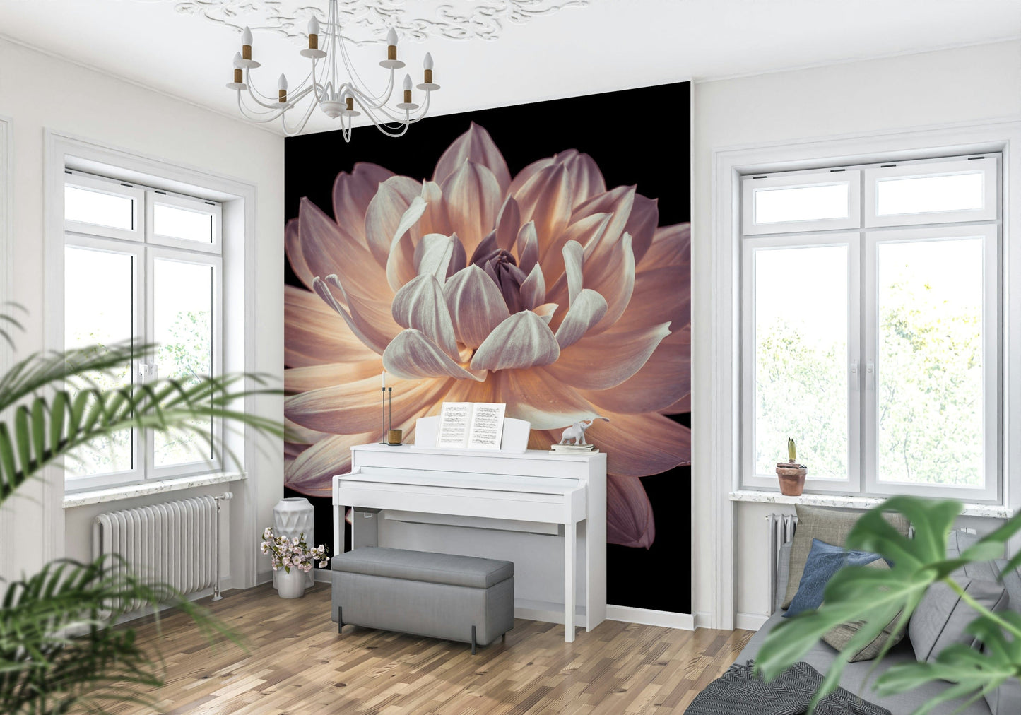 Textured botanical mural capturing the depth and detail of a blooming dahlia.