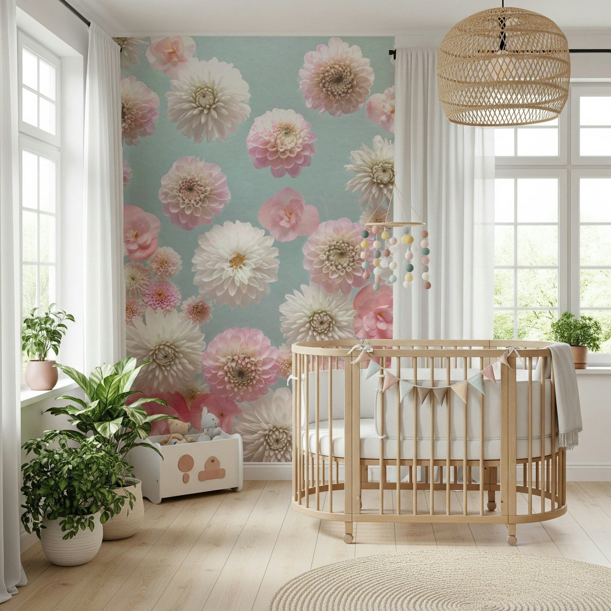 High-resolution floral image with various sizes of pink dahlia flower heads.