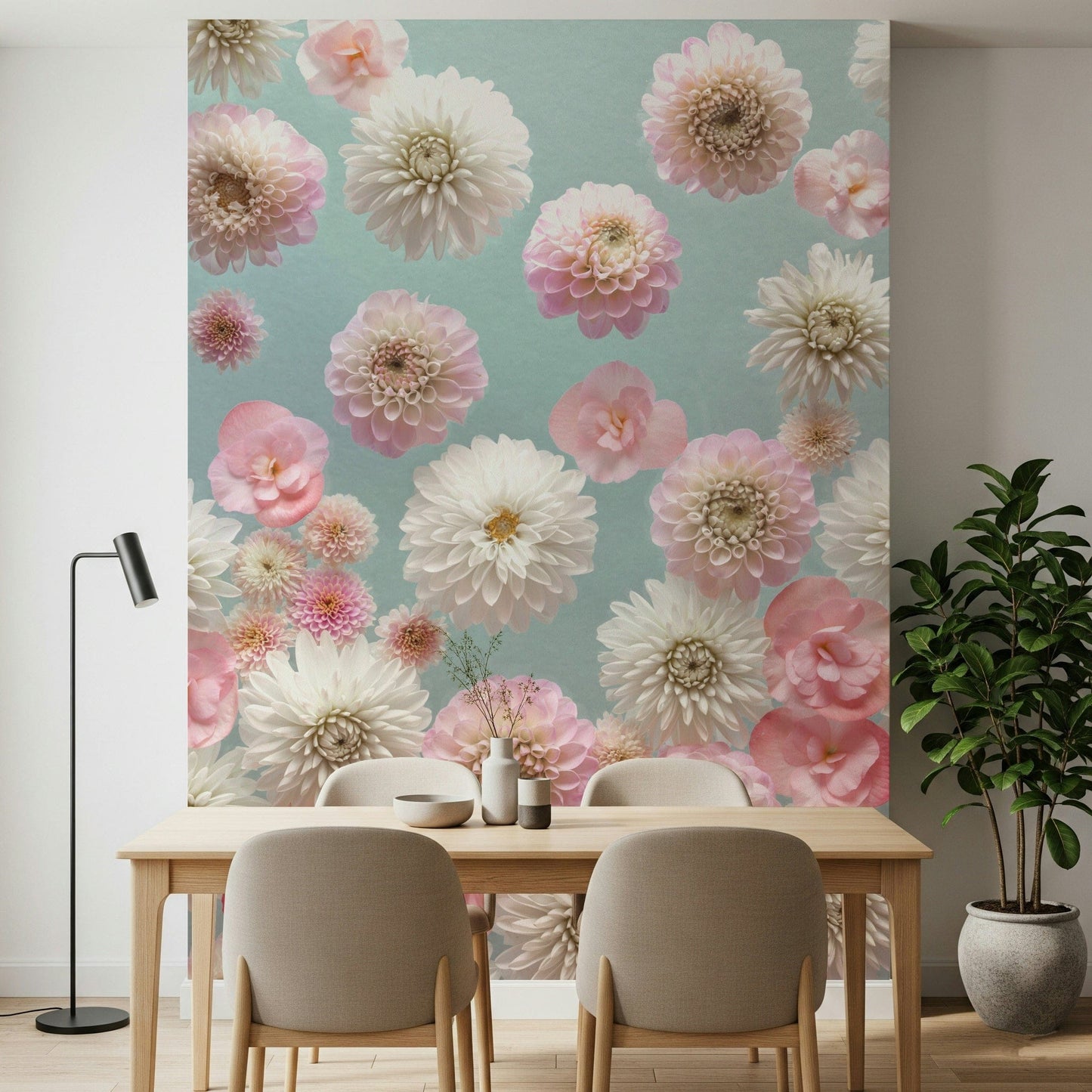 Exquisite wallpaper featuring detailed dahlia flowers in gentle pink tones.