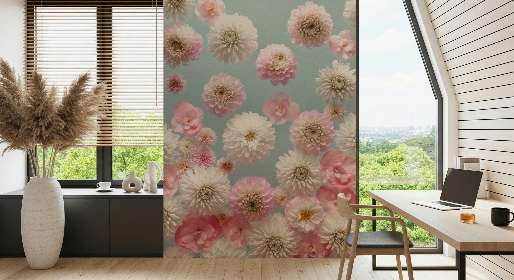 Pretty Dahlia Dance artwork; ideal mural wallpaper for modern living spaces.