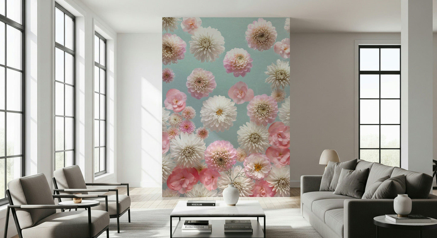 White and blush pink dahlias create a stunning wallpaper for walls effect.