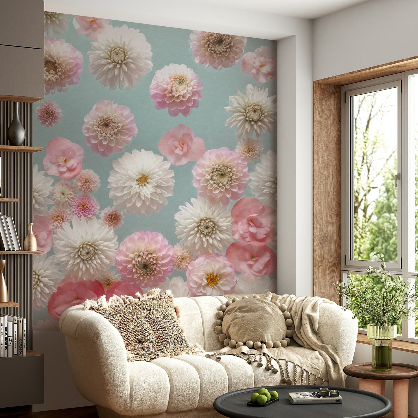 Beautiful wall mural featuring floating dahlia blooms on a light blue background.